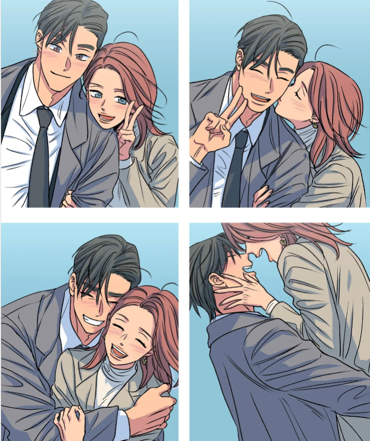 이제야와 한서리가 포토 사진을 찍는 장면. 행복한 표정의 커플을 표현하고 있다.