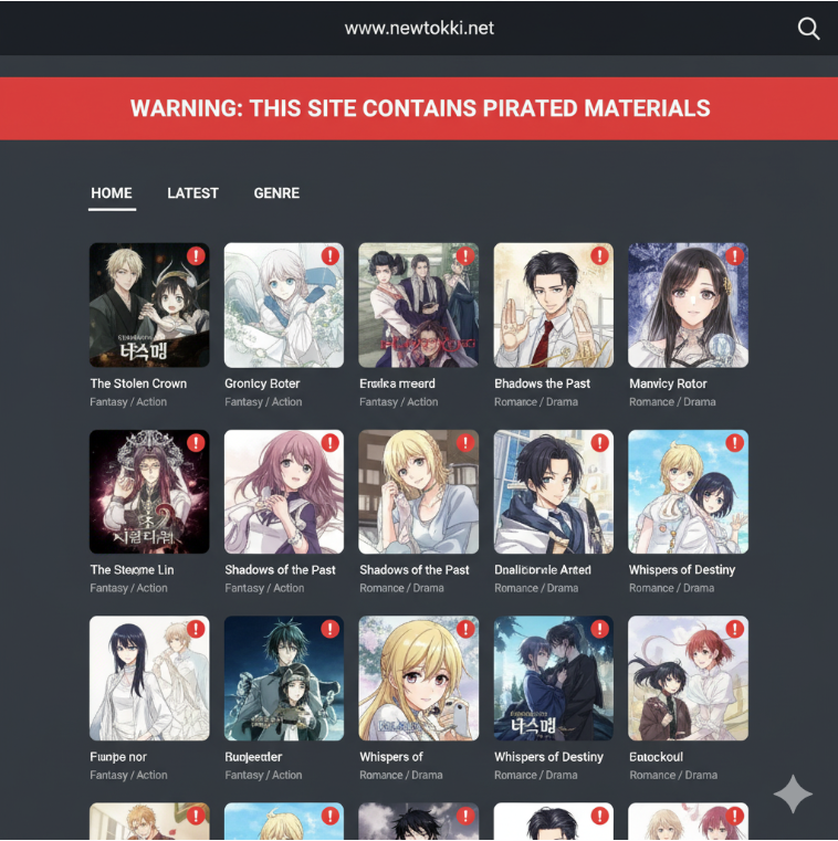 뉴토끼 사이트 메인을 모방한 이미지로, 웹툰 썸네일이 깔끔하게 배열되되 불법성을 암시하는 경고 아이콘을 포함한 디자인.