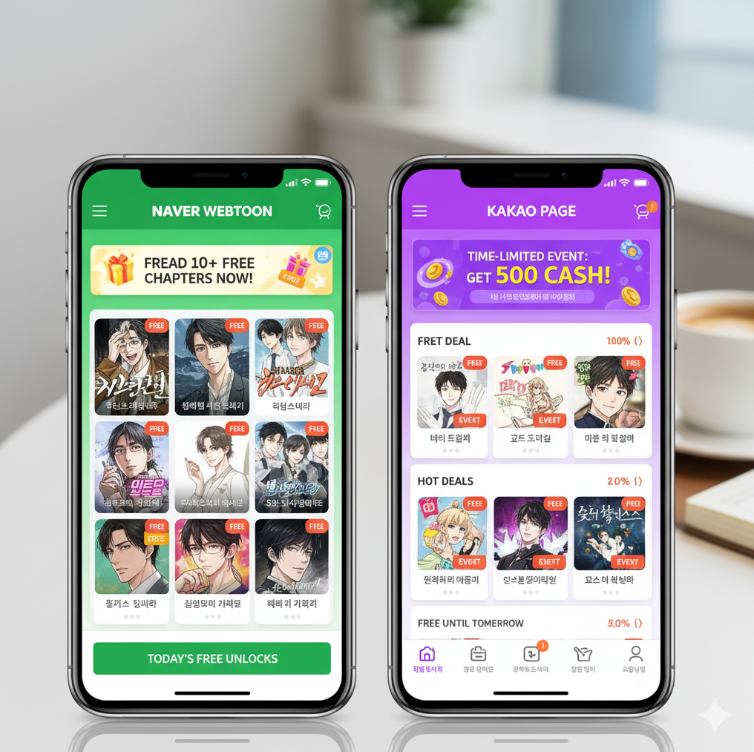 네이버웹툰과 카카오페이지 앱 화면을 담은 스마트폰 이미지로, 웹툰 무료 보기 회차와 이벤트 UI가 강조된 밝고 직관적인 디자인.