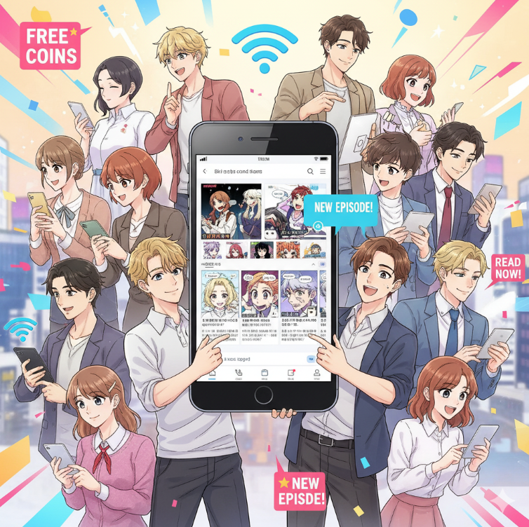 다채로운 웹툰 캐릭터들이 모인 밝고 생동감 넘치는 일러스트.