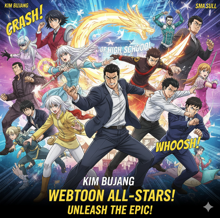 인기 웹툰 캐릭터들이 모인 화려한 포스터 이미지.