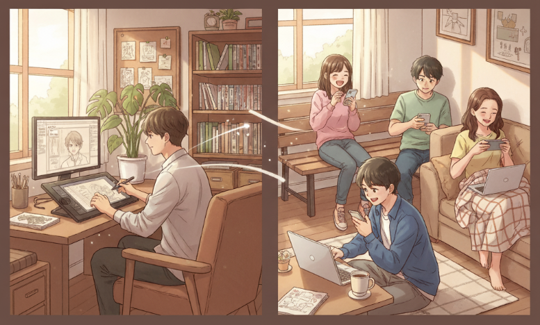 웹툰 작가 작업실과 독자 감상 장면을 조화롭게 담은 이미지.