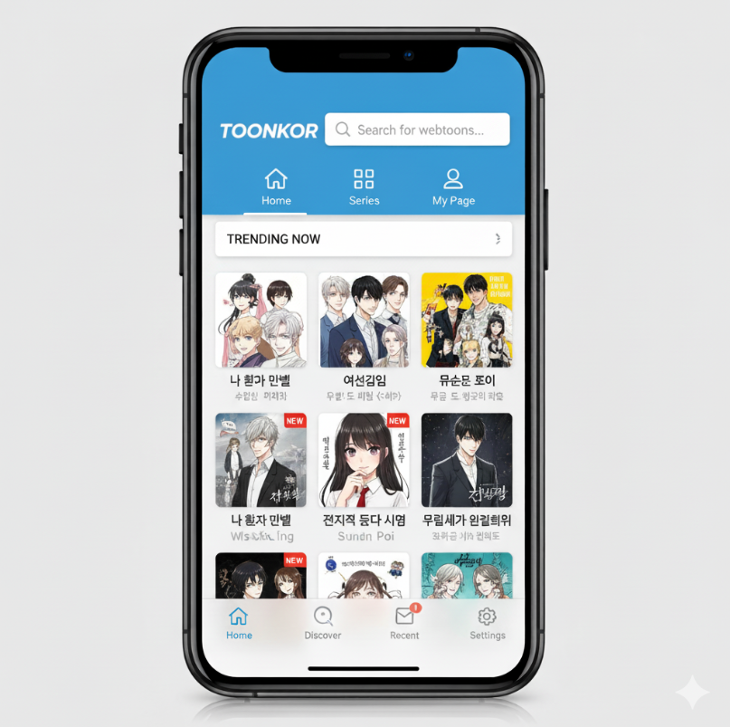 툰코 모바일 앱 인터페이스를 상상한 이미지. 스마트폰 화면에 웹툰 목록이 깔끔하게 정렬되어 있으며, 직관적인 메뉴와 검색창이 강조됨.