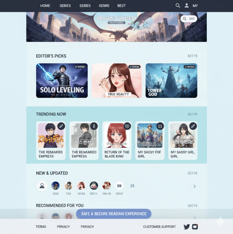 합법 플랫폼의 예시. 정식 계약된 웹툰 썸네일과 추천 섹션이 강조되며, 안전하고 직관적인 UI/UX를 보여줍니다.