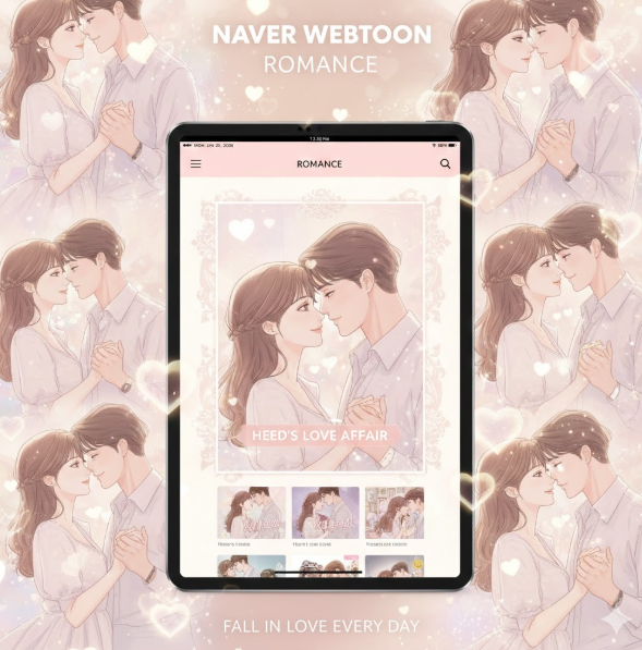 로맨스 특화 테마:  썸네일을 메인으로 부드러운 파스텔 톤과 하트 조명을 사용해 매혹적이고 감성적인 분위기를 연출했습니다. 태블릿 화면을 통해 몰입감 있는 독서 경험을 표현했습니다.