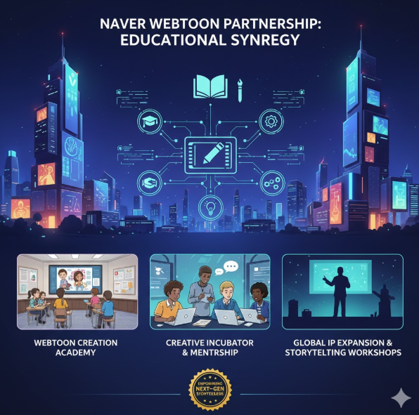 생태계 확장: 쿠키 아이콘을 활용한 '신작 페스티벌' 배너와 창작자 지원 및 교육 시너지를 다룬 이미지는 웹툰 생태계를 더욱 풍요롭게 만들려는 파트너십 의지를 담고 있습니다.