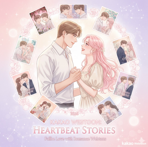 감성적인 로맨스: 부드러운 파스텔 톤의 커플 일러스트를 활용한 'HEARTBEAT STORIES' 테마는 로맨스 장르 특유의 설렘을 시각적으로 극대화했습니다.