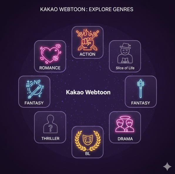 장르의 다양성입니다. 로맨스, 액션, 판타지, 스릴러 등 각 장르를 상징하는 네온 스타일의 아이콘을 원형으로 배치해 이용자의 폭넓은 취향을 충족시킴을 보여줍니다