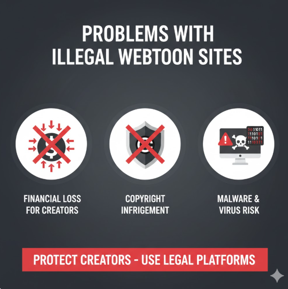 상승하는 합법 플랫폼: 첫 번째 이미지는 불법 사이트인 마나토끼의 쇠퇴와 대조적으로 카카오웹툰을 포함한 합법 서비스들이 우상향하는 모습을 통해 '착한 소비'를 통한 시장의 선순환을 상징합니다.