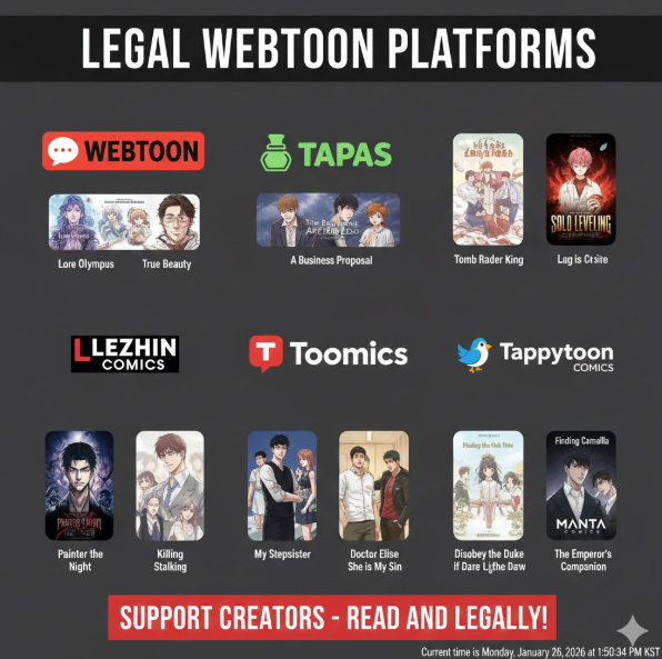 합법적 대안: 마지막으로 카카오웹툰, 타파스, 레진코믹스 등 다양한 합법 플랫폼의 로고를 나란히 배치하여, 독자들이 안전하고 윤리적인 방식으로 콘텐츠를 즐길 수 있는 선택지를 명확히 제시합니다.