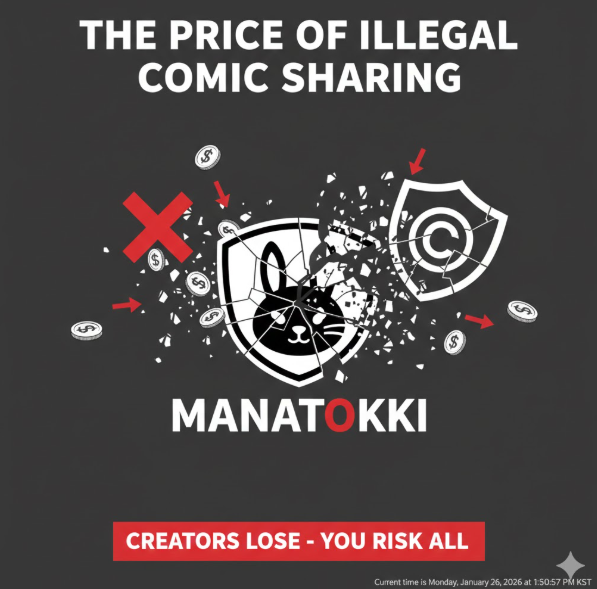 불법의 대가: 다른 이미지들은 불법 사이트 이용이 창작자에게 돌아갈 금전적 수익을 파괴하고, 정부의 지속적인 단속으로 인해 도메인을 계속 옮겨야 하는 불안정한 상태임을 지적합니다.