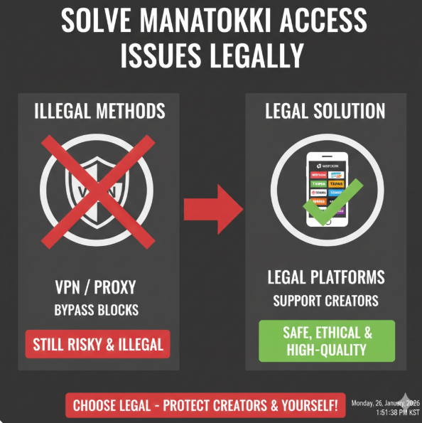 변화와 성장: 첫 번째 이미지는 불법 사이트의 쇠퇴와 합법 플랫폼의 성장을 대비합니다. 카카오웹툰과 같은 공식 서비스들이 화살표를 따라 상승하며 '합법적 플랫폼의 번영'을 상징합니다.