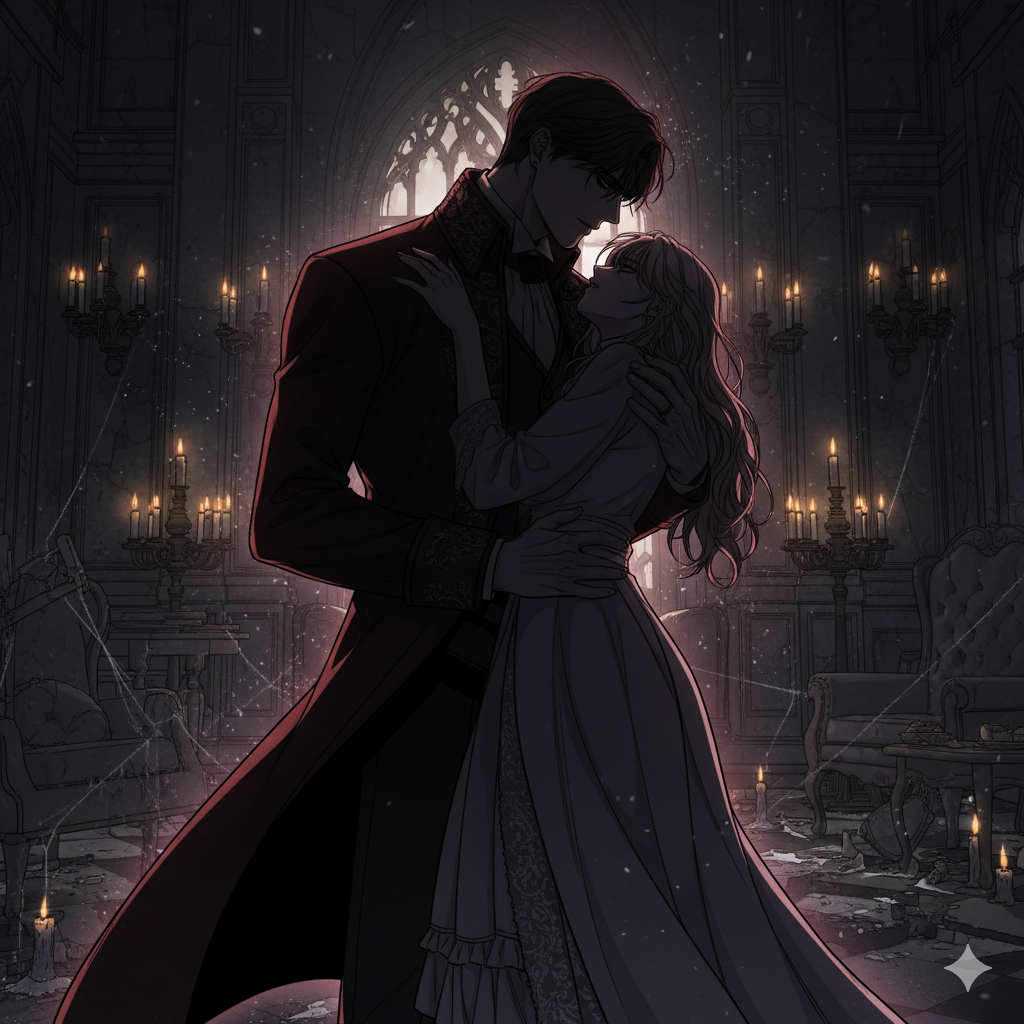 구도와 실루엣: 화려하지만 빛이 바랜 연회장 배경 속에서, 거대한 체구의 지태광이 블랑슈를 품에 가두듯 안고 있는 실루엣이 압도적입니다. 역광을 활용하여 두 사람의 표정을 어둠 속에 숨김으로써, 서로를 향한 집착과 두려움이 뒤섞인 모호한 분위기를 극대화했습니다.