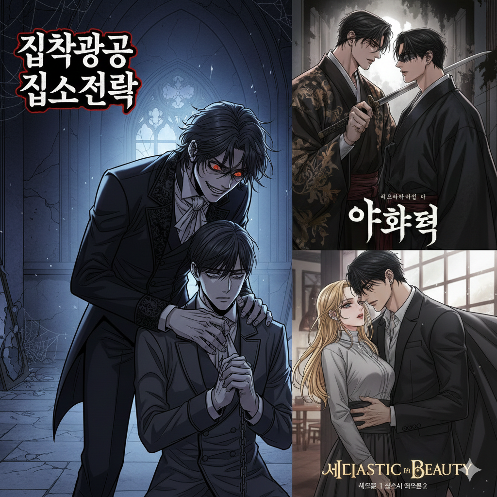 유사 장르 콜라주: 우측에는 본 작품과 유사한 분위기를 가진 **<야화첩>**과 <새디스틱 뷰티> 스타일의 이미지가 배치되어 있습니다. 이는 피폐하고 강압적인 로맨스 장르 특유의 탐미적이면서도 위태로운 감성을 강조합니다.