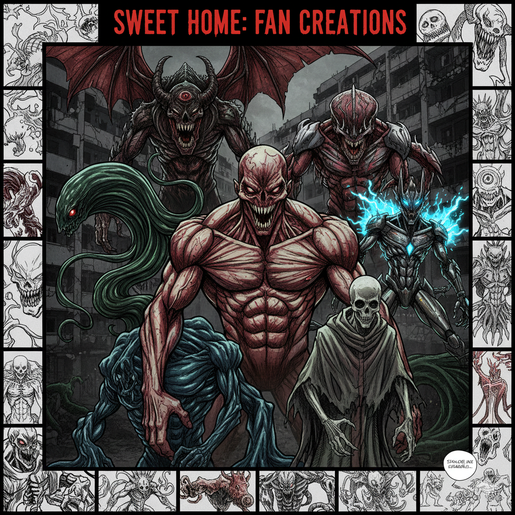 다양한 괴물 디자인과 창의성: 팬아트 컬렉션 이미지는 날개 달린 괴물, 전기를 내뿜는 존재 등 원작의 설정을 확장한 기괴하고 창의적인 괴물 디자인들을 한데 모아 보여줍니다. 이는 인간의 비틀린 욕망이 얼마나 다양한 공포의 형상으로 발현될 수 있는지를 상징합니다.
