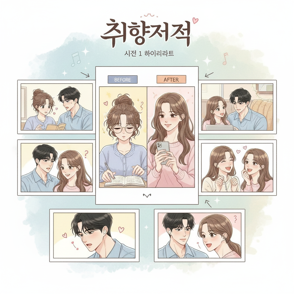 해닮의 변신 (Before & After): 중앙에는 안경을 쓰고 수수한 모습으로 공부에 열중하던 '비포' 모습과, 호찬의 도움으로 화사하게 변신한 '애프터' 모습이 대비되어 배치되었습니다. 이는 해닮의 외적 성장과 자신감을 찾는 과정을 상징합니다.