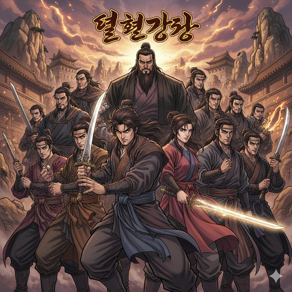  천마신군을 중심으로 한비광, 담화린 등 주요 인물들이 비장하게 모인 장면입니다. 붉게 물든 하늘과 거대한 성채를 배경으로 무기를 든 인물들의 강렬한 눈빛은 무림의 긴장감 넘치는 세계관을 상징적으로 보여줍니다.