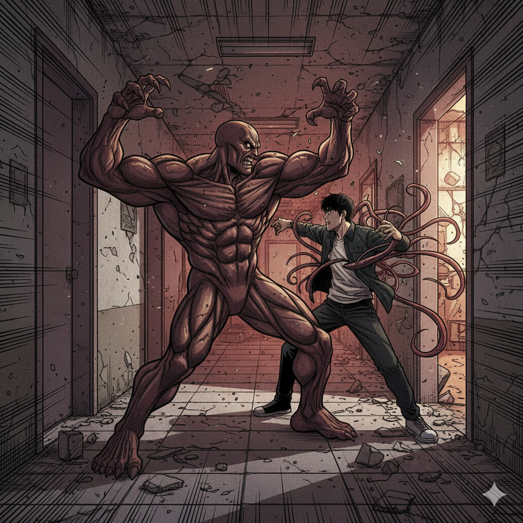 역동적인 액션과 속도감: 복도에서 벌어지는 괴물과 주인공의 전투 장면은 집중선과 파편 효과를 사용해 작화의 속도감을 극대화합니다. 거대한 근육질 괴물에 맞서 촉수를 활용해 사투를 벌이는 모습은 웹툰 특유의 박진감 넘치는 액션을 재현합니다.