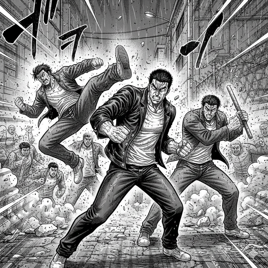 강렬한 만화적 연출: 굵고 거친 펜선과 사방으로 튀는 파편, 집중선 효과를 통해 일격필살의 긴장감을 더했습니다. 인물들의 분노가 서린 표정과 핏줄이 선 근육 묘사는 처절한 사투의 현장을 대변합니다.