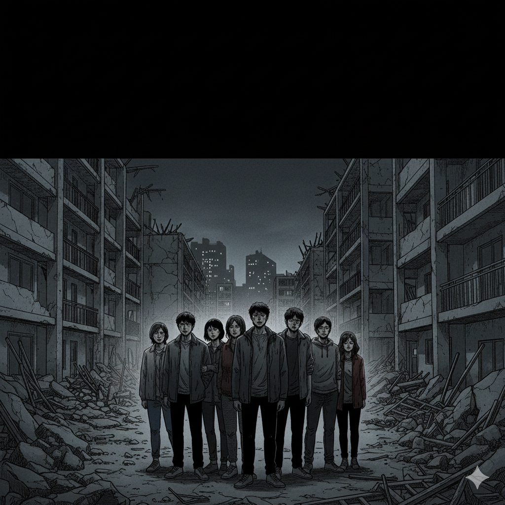 생존자들의 여운: 마지막 이미지는 모든 소음이 잦아든 듯한 어두운 톤의 배경 속에 생존자들이 모여 있는 모습을 보여줍니다. 폐허가 된 아파트 사이에서 정면을 응시하는 인물들의 무거운 표정은 결말의 여운과 함께 살아남은 자들의 복잡한 심경을 상징적으로 나타냅니다.