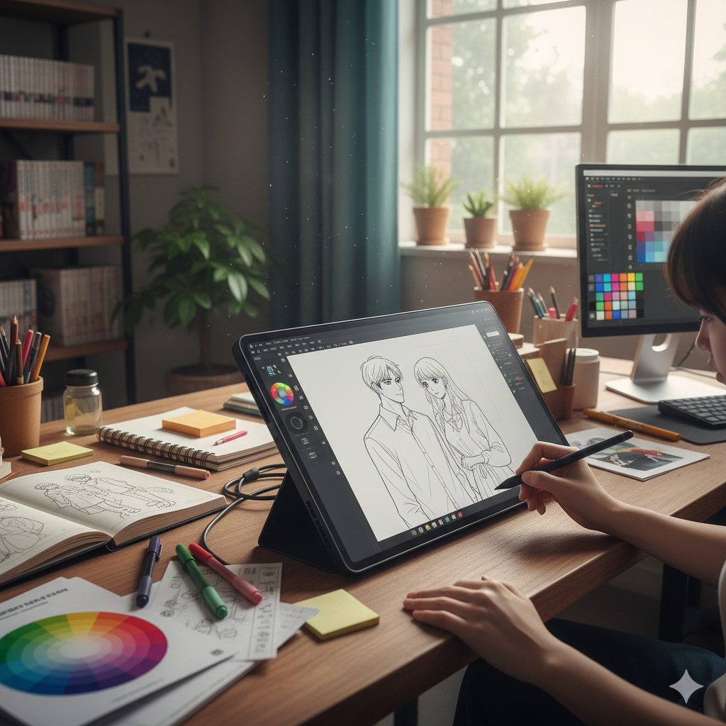 작품이 탄생하는 스튜디오의 전문적이고 따뜻한 분위기를 담고 있습니다. 책상 위 태블릿 화면에는 원작의 깔끔한 선화 스타일로 그려진 캐릭터 드로잉이 띄워져 있으며, 펜을 쥔 손을 통해 작업의 정교함을 표현했습니다. 주변에는 아날로그 감성이 묻어나는 스케치 노트, 알록달록한 색상 팔레트, 참고용 자료들이 자연스럽게 배치되어 작가의 고민과 정성이 느껴지는 공간을 연출했습니다.