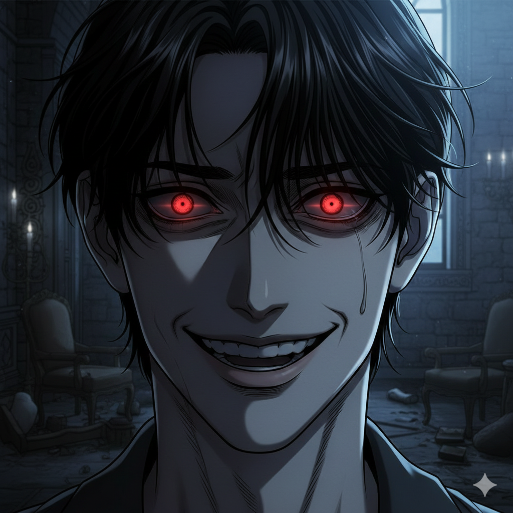 광기 어린 시선: 화면을 가득 채운 지태광의 얼굴에서 가장 시선을 끄는 것은 번뜩이는 붉은 눈동자입니다. 어둠 속에서 기괴하게 빛나는 눈빛은 블랑슈를 향한 뒤틀린 집착과 통제 불가능한 광기를 생생하게 전달합니다.