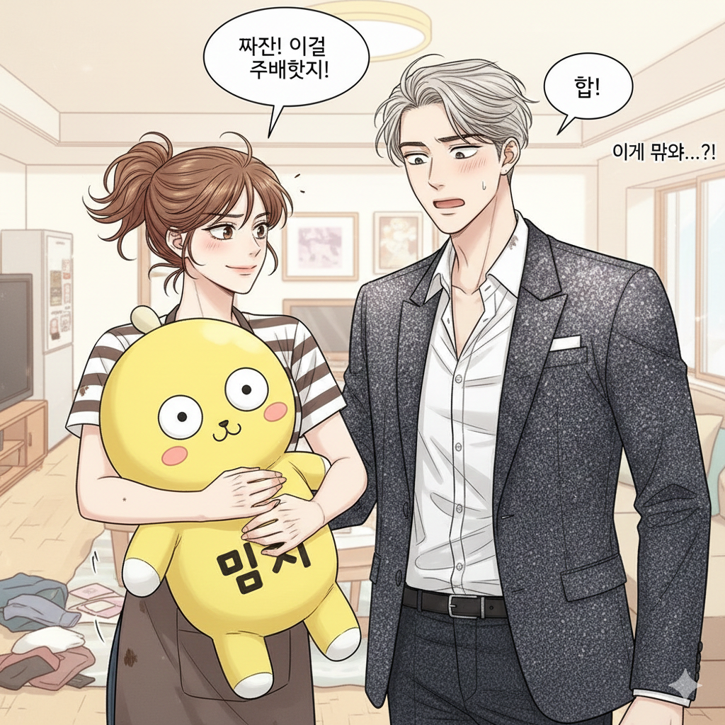 핵심 요소 '밈지': 지언은 이야기의 중요한 매개체인 노란색 '밈지' 인형을 품에 꼭 안고 있으며, 이를 본 도윤은 식은땀을 흘리며 어쩔 줄 몰라 하는 표정을 짓고 있습니다.