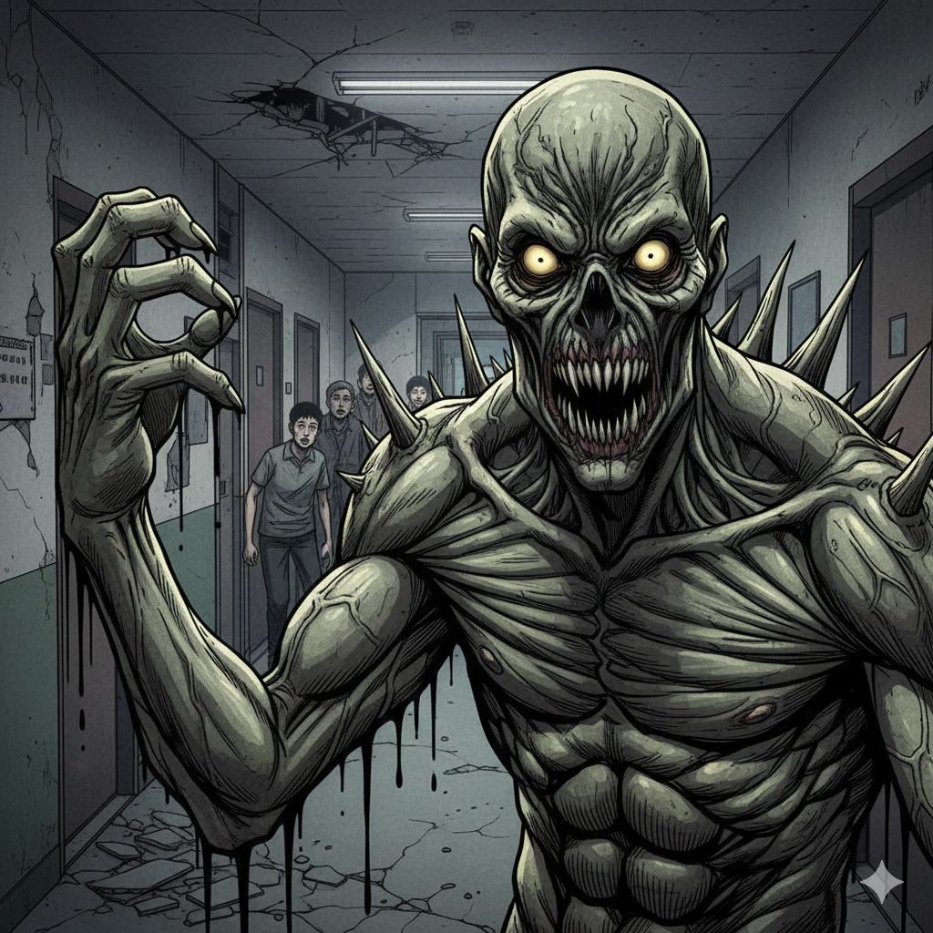 괴물화의 디테일: 클로즈업된 괴물은 인물의 비틀린 욕망이 형상화된 모습을 보여줍니다. 날카로운 가시가 돋아난 어깨, 핏줄이 불거진 근육, 그리고 안광이 번뜩이는 눈빛은 작화의 세밀함을 강조하며 보는 이에게 압도적인 공포감을 선사합니다.