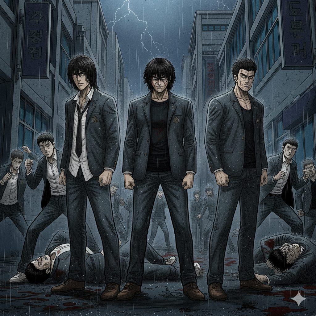 중심 인물: 화면 중앙에는 주인공 강혁과 그의 든든한 조력자인 표태진, 김종일을 연상시키는 인물들이 배치되어 있습니다. 무거운 표정과 흉터는 그들이 겪어온 거친 싸움의 흔적을 드러냅니다.
