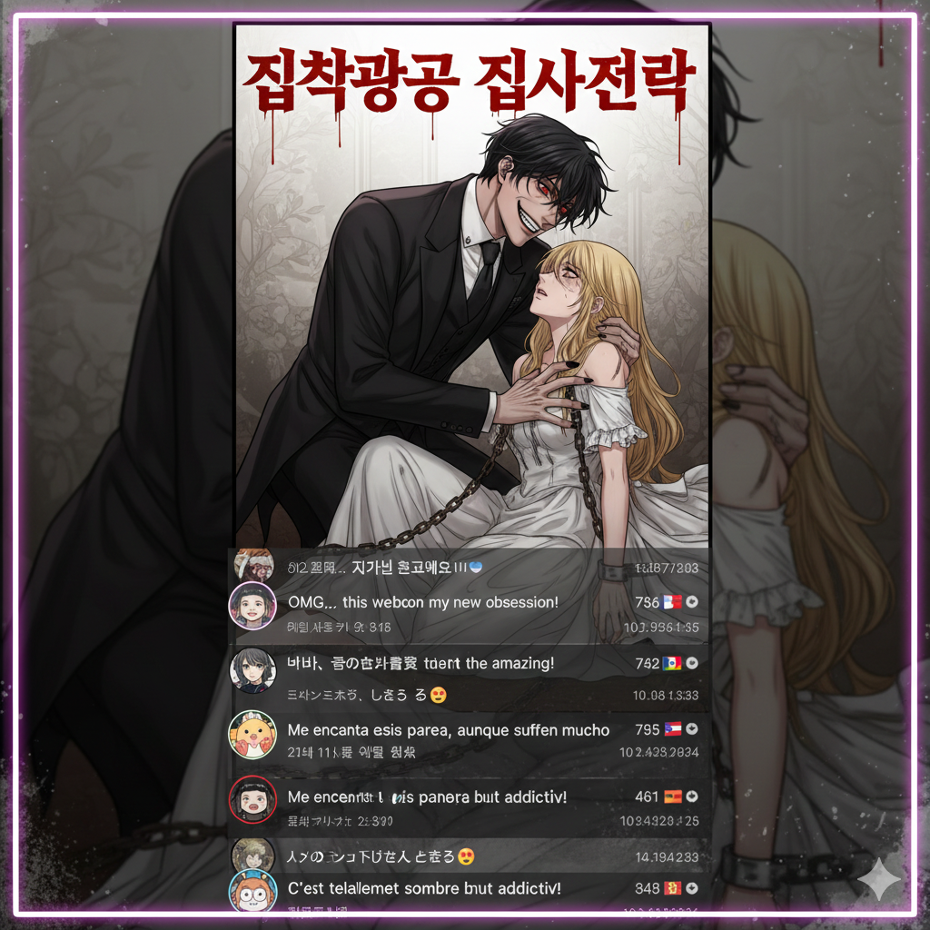 글로벌 팬 반응: 포스터 하단에는 영어, 스페인어, 프랑스어 등 다양한 언어로 작성된 팬들의 실시간 댓글창이 구현되어 있습니다. "이 웹툰은 나의 새로운 집착이다", "어둡지만 중독성 있다"와 같은 반응들은 국경을 초월한 작품의 화제성을 입증합니다.