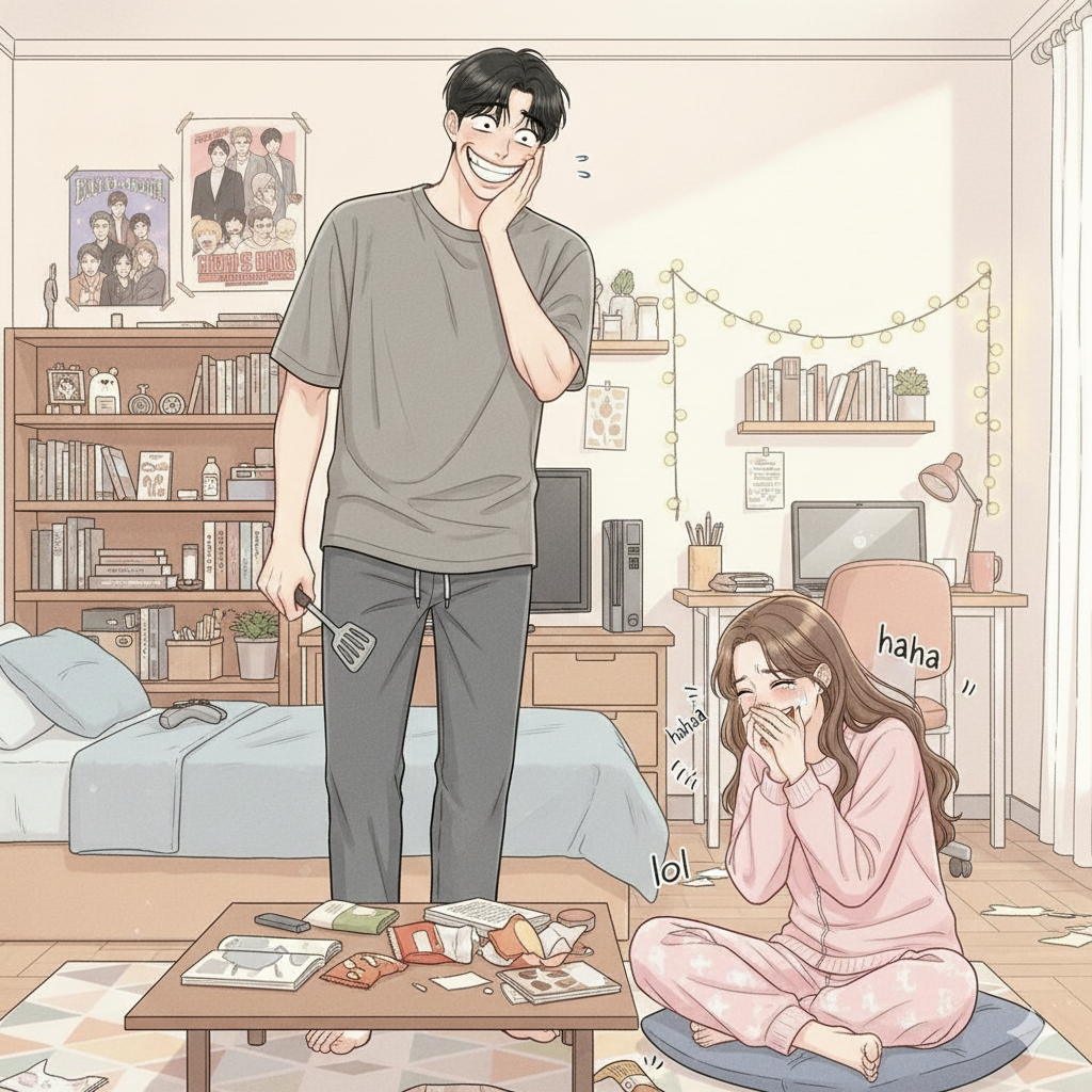 장면의 핵심은 극명한 대비를 통한 코미디 요소입니다. 뒤집개를 든 채 익살스럽고 과장된 표정을 짓는 찬열과, 그 모습에 배를 잡고 웃음을 터뜨리는 해닮의 생생한 표정이 압권입니다. 배경에는 전구 조명, 어질러진 책상, 간식 봉지 등 두 사람의 생활감이 묻어나는 룸메이트 방 인테리어를 디테일하게 배치해 현실적인 재미와 몰입감을 더했습니다.