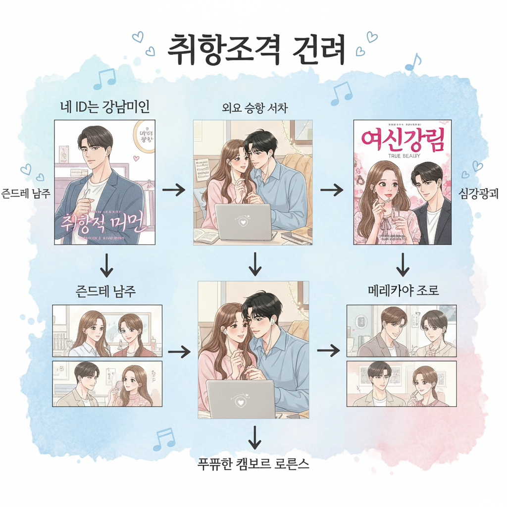 장르적 특징 비교: 화살표와 텍스트 레이블을 활용한 디자인은 '내 ID는 강남미인', '여신강림' 등 유사한 로맨스 웹툰들과의 차별점을 한눈에 보여줍니다. 특히 캐릭터 간의 미묘한 시선 처리와 부드러운 파스텔 톤의 배색은 이 작품만의 따뜻하고 몽글몽글한 분위기를 강조합니다.