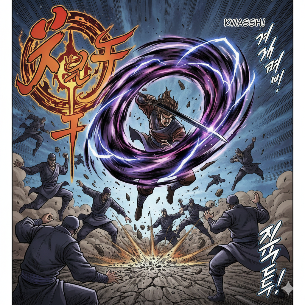 박진감 넘치는 액션: 세 번째 사진은 한비광이 다수의 적을 상대로 화려한 검술 무공을 펼치는 동적인 액션 신입니다. 보랏빛 기운의 소용돌이 효과와 파괴되는 지면 묘사는 강력한 무공의 위력을 시각적으로 극대화합니다.