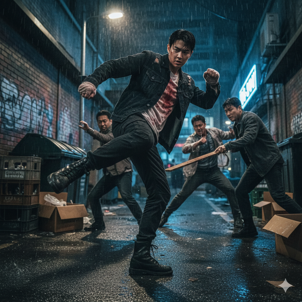 사실적인 액션 연출: 빗줄기가 쏟아지는 어두운 밤, 좁은 골목길에서 벌어지는 난전을 실사 영화의 한 장면처럼 생생하게 묘사하고 있습니다.


