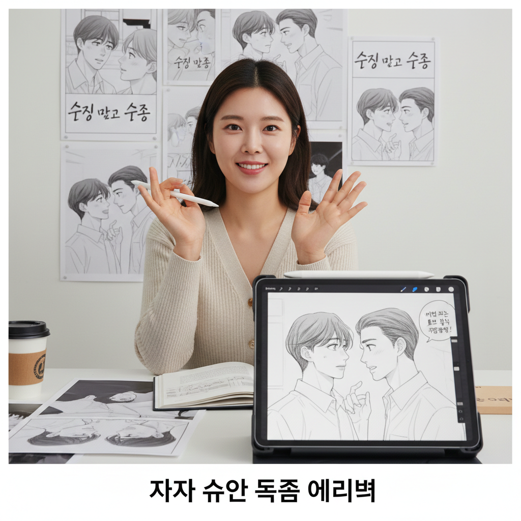 창작의 현장: 마지막으로 작가 슈안의 작업실을 배경으로 한 이미지는 실제 웹툰 스케치와 태블릿 작업 과정을 보여주며 작품에 대한 생동감을 더합니다.