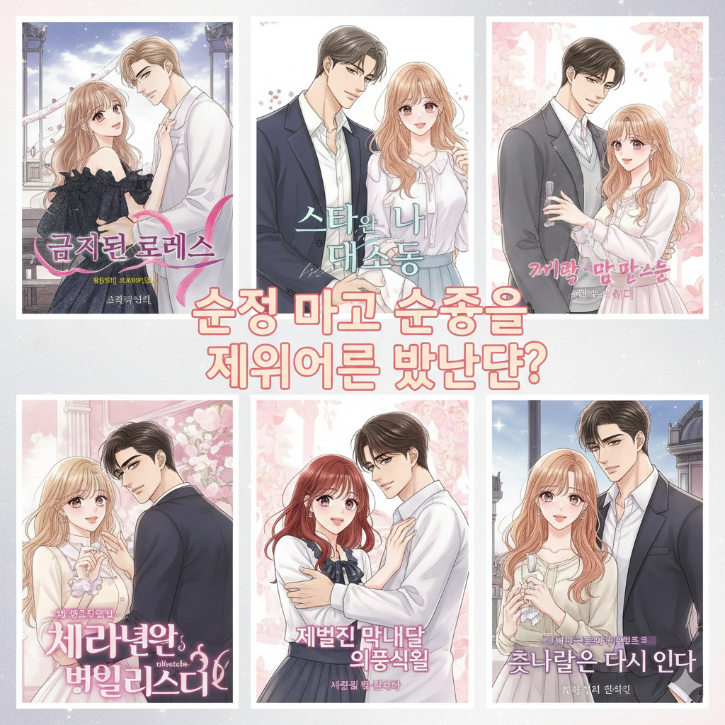 장르적 추천 콜라주: 마지막 이미지는 이 작품과 유사한 감성을 지닌 로맨스 웹툰들의 커버 모음으로, 수려한 작화의 남녀 주인공들이 배치되어 있어 장르적 특징을 한눈에 보여줍니다.