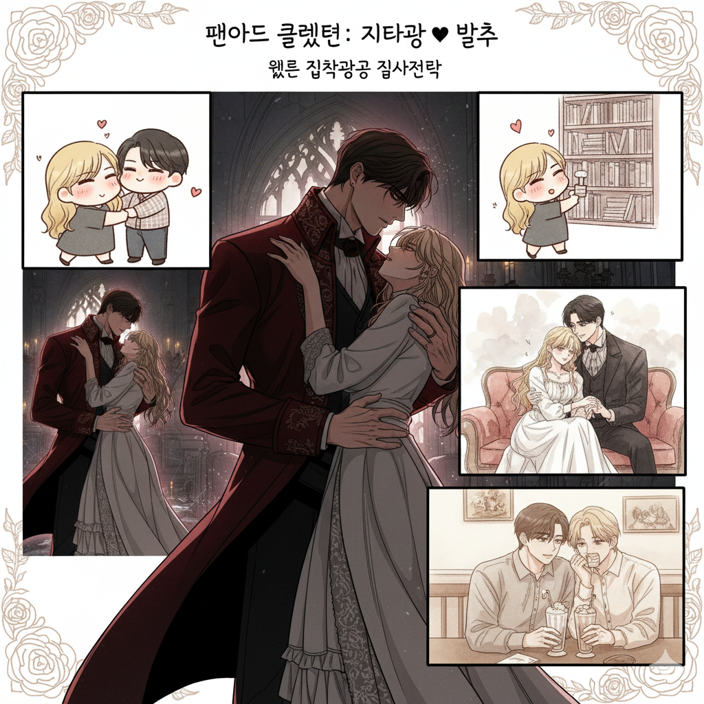 캐릭터의 재발견: 광기 어린 집착 뒤에 숨겨진 지태광의 부드러운 이면과, 절망 속에서도 사랑을 갈구하는 블랑슈의 입체적인 면모를 부각했습니다. 장미 문양의 테두리와 부드러운 미색 톤의 색감은 이들의 관계가 비극을 넘어 로맨틱한 서사로 확장될 수 있음을 시각화합니다.