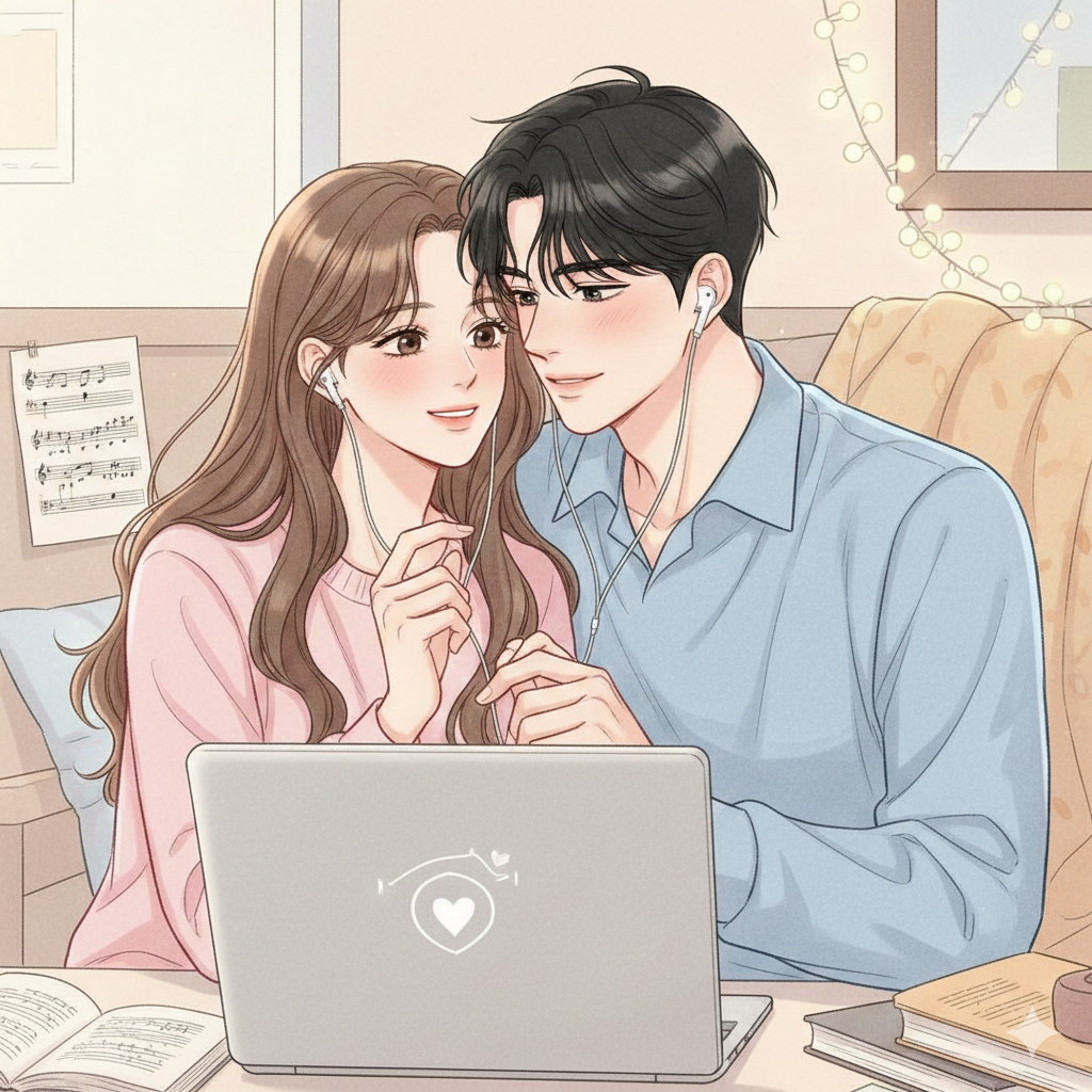 구도와 인물: 주인공 하해닮과 이호찬이 나란히 앉아 하나의 유선 이어폰을 한쪽씩 나눠 끼고 있는 설렘 가득한 순간을 포착했습니다. 해닮이의 수줍은 미소와 호찬이의 다정한 시선이 어우러져 두 사람 사이의 묘한 기류를 강조합니다.