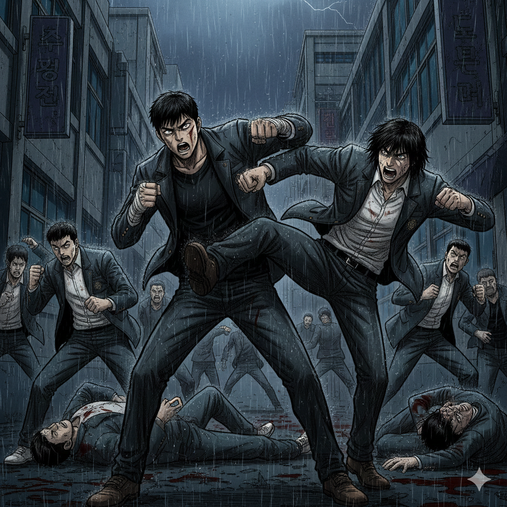 긴장감 넘치는 구도: 빗줄기가 쏟아지는 어두운 뒷골목을 배경으로, 주인공 강혁과 그의 동료들이 수많은 적들에게 둘러싸인 일촉즉발의 상황을 묘사합니다.
